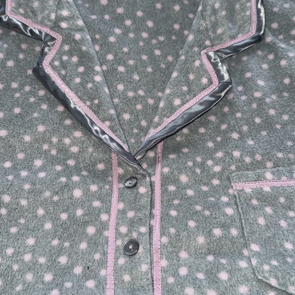 Earth Angels Pajama Set Gray & Pink Polka Dot Soft Fleece Satin Accent Sz Large - Picture 5 of 9